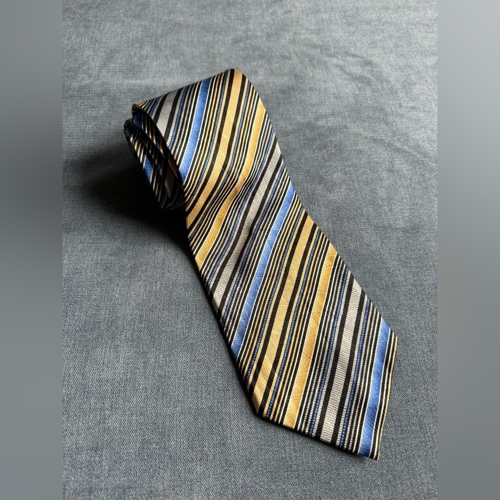 VTG Pierre Cardin Men’s 100% Silk Neck Tie Gold Blue Black Silver Striped Retro
